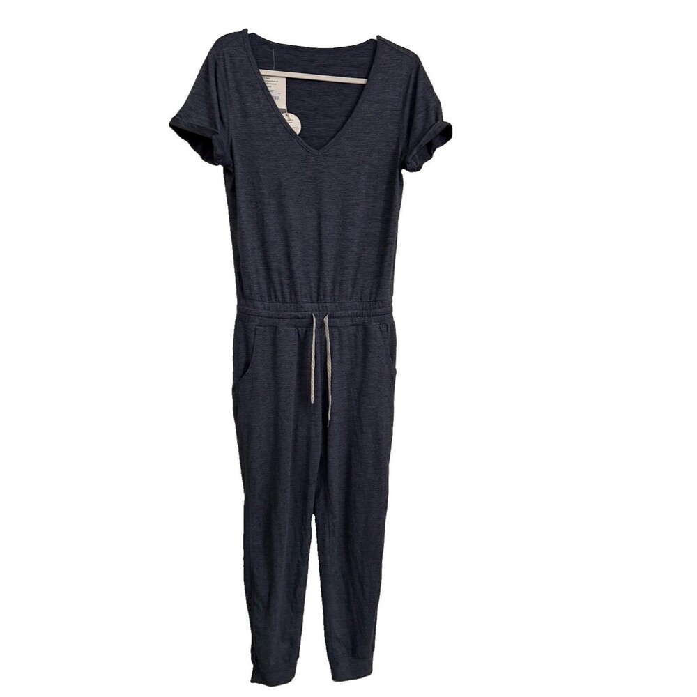 Vuori All Day Jumpsuit Womens Small Azure Heather Blue Short Sleeve Stretch NWT